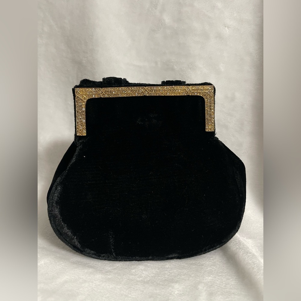 Vintage velvet black purse gold with rhinestones - Picture 3 of 9